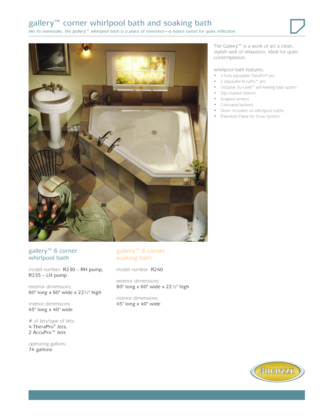 Jacuzzi R235-LH pump, R240, R230-RH pump dimensions Gallery corner whirlpool bath and soaking bath 