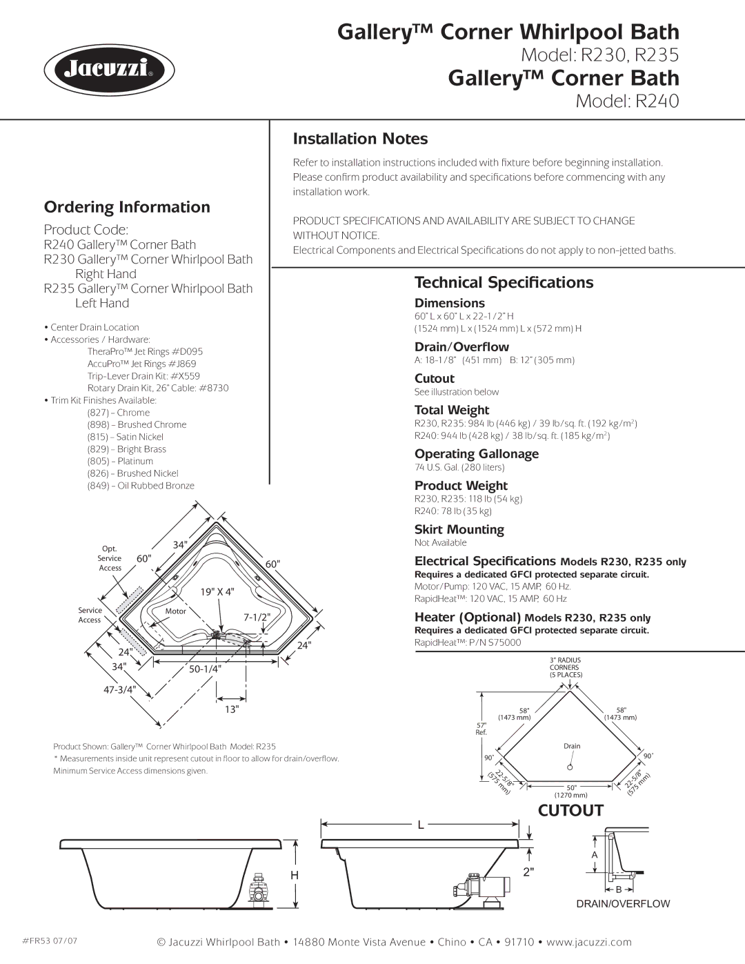 Jacuzzi R230-RH pump, R240, R235-LH pump dimensions Ordering Information, Installation Notes, Technical Speciﬁcations 