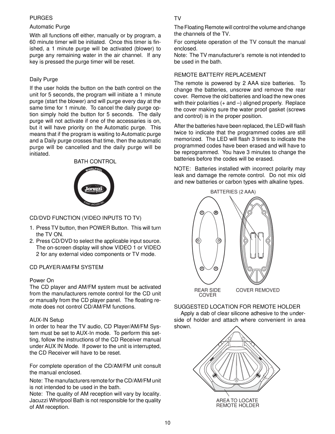 Jacuzzi S198 owner manual Purges 