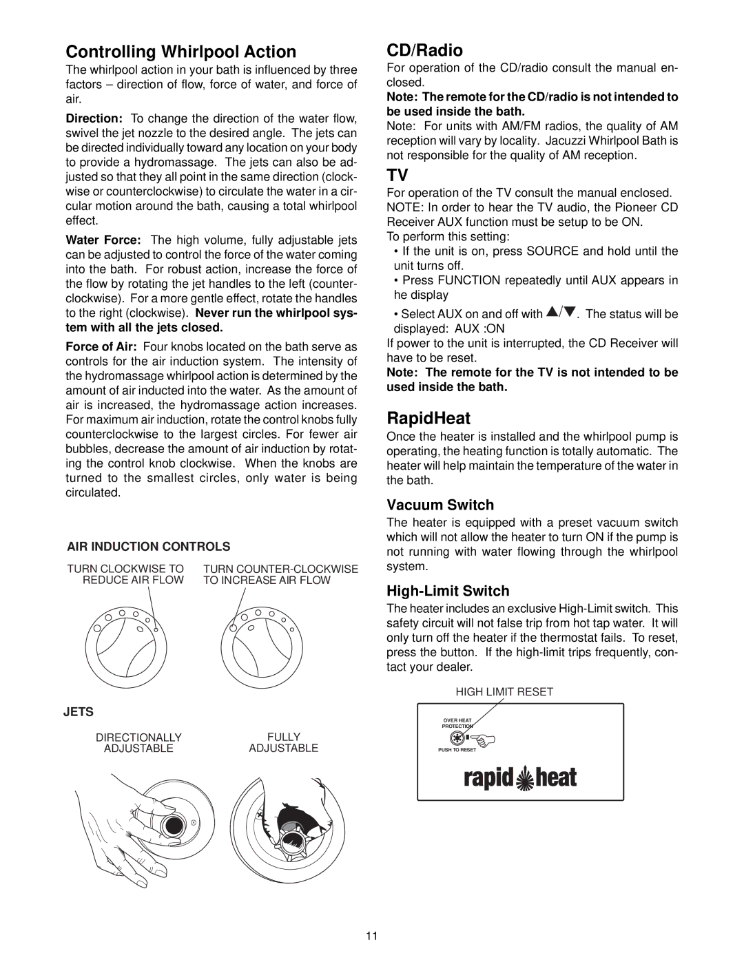 Jacuzzi S198 owner manual Controlling Whirlpool Action, CD/Radio, RapidHeat 