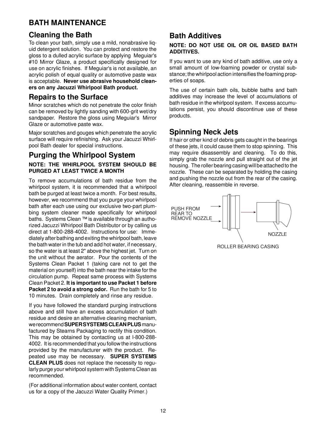 Jacuzzi S198 Cleaning the Bath, Repairs to the Surface, Purging the Whirlpool System, Bath Additives, Spinning Neck Jets 