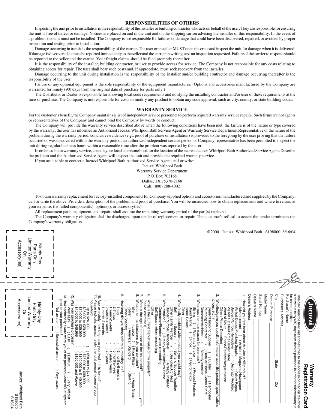 Jacuzzi S198 owner manual Responsibilities of Others 