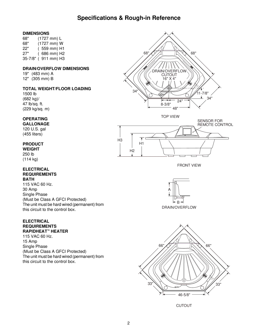 Jacuzzi S198 owner manual Specifications & Rough-in Reference, Product Weight 