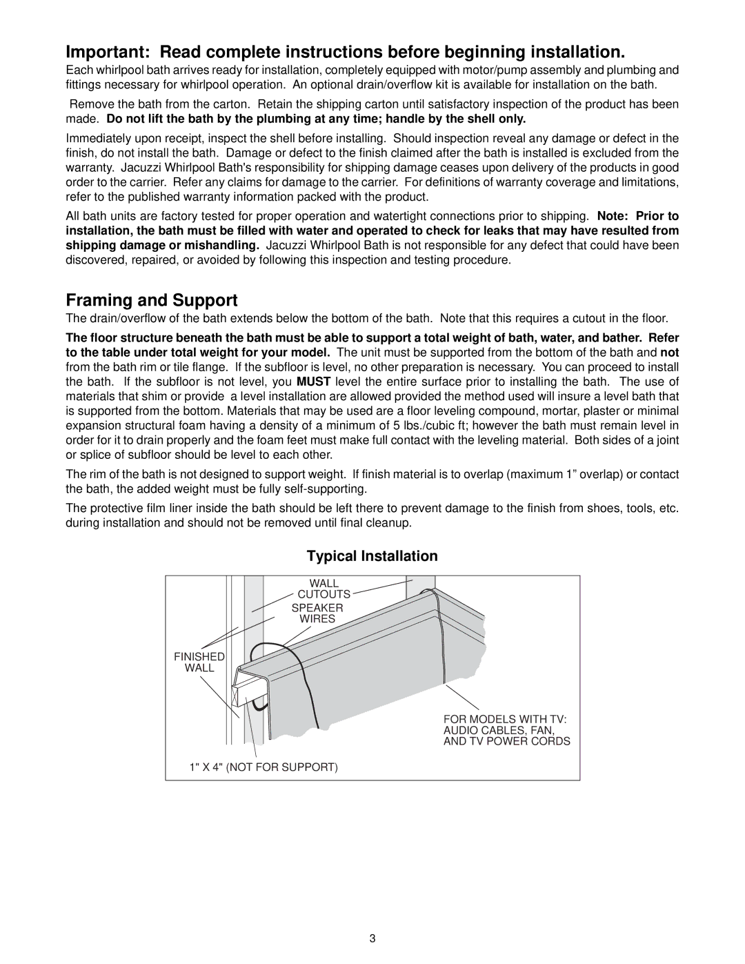 Jacuzzi S198 owner manual Framing and Support, Typical Installation 