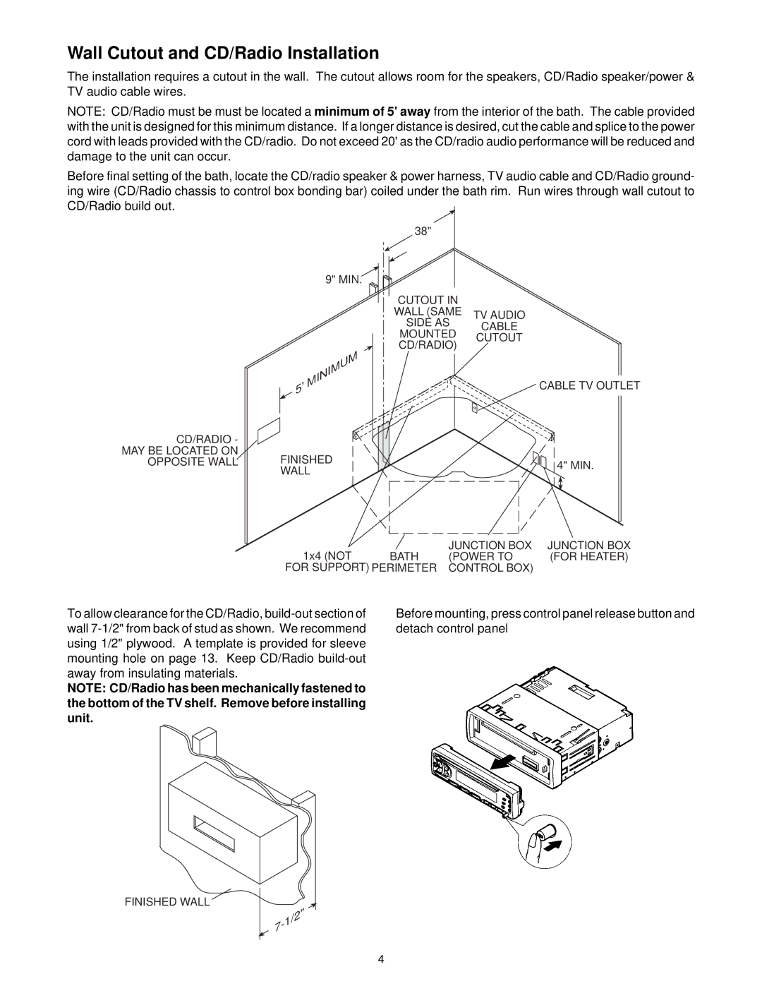 Jacuzzi S198 owner manual Wall Cutout and CD/Radio Installation 