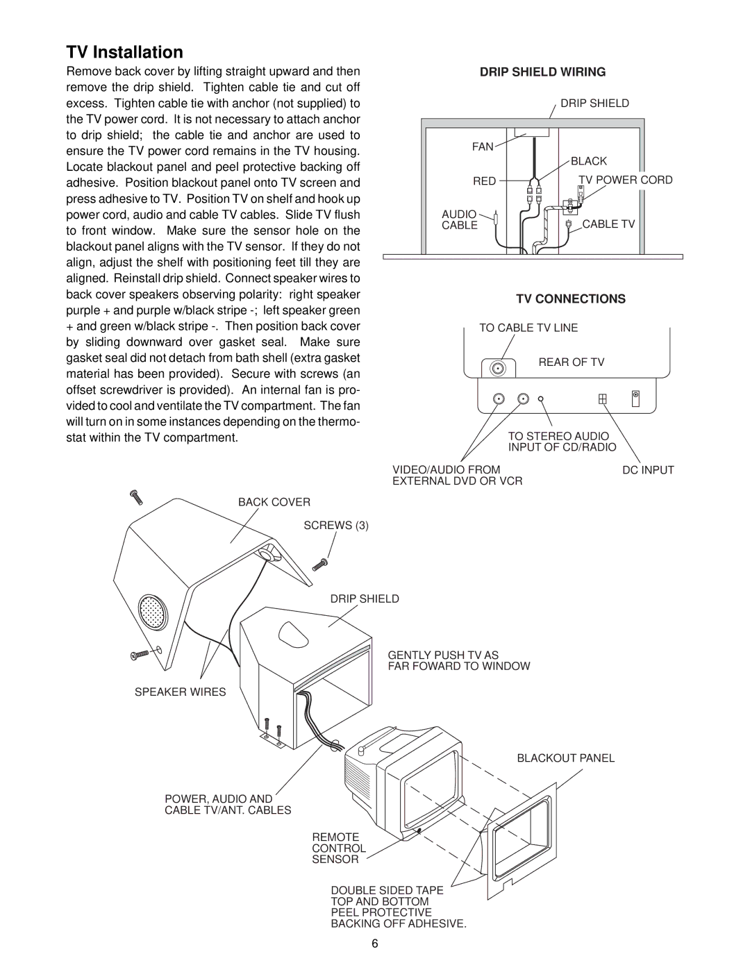 Jacuzzi S198 owner manual TV Installation, Drip Shield Wiring 