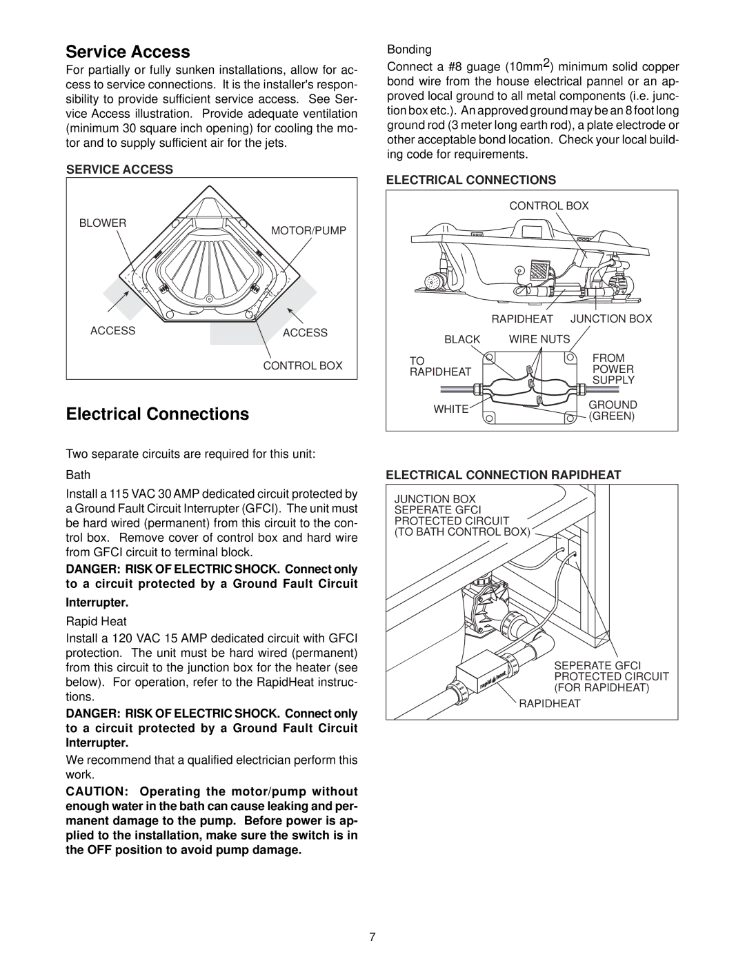 Jacuzzi S198 owner manual Service Access, Electrical Connections 