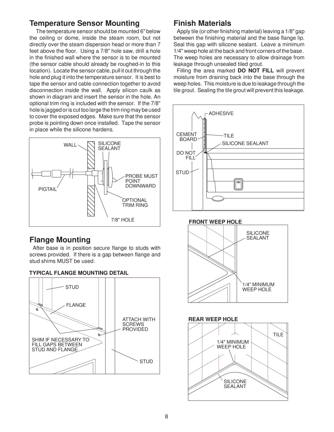 Jacuzzi SEDONA manual Temperature Sensor Mounting, Finish Materials, Flange Mounting, Rear Weep Hole 