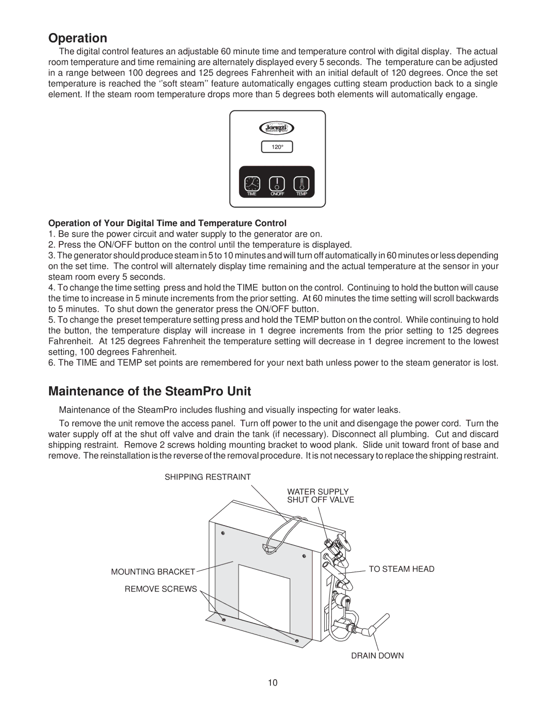 Jacuzzi SEDONA manual Maintenance of the SteamPro Unit, Operation of Your Digital Time and Temperature Control 