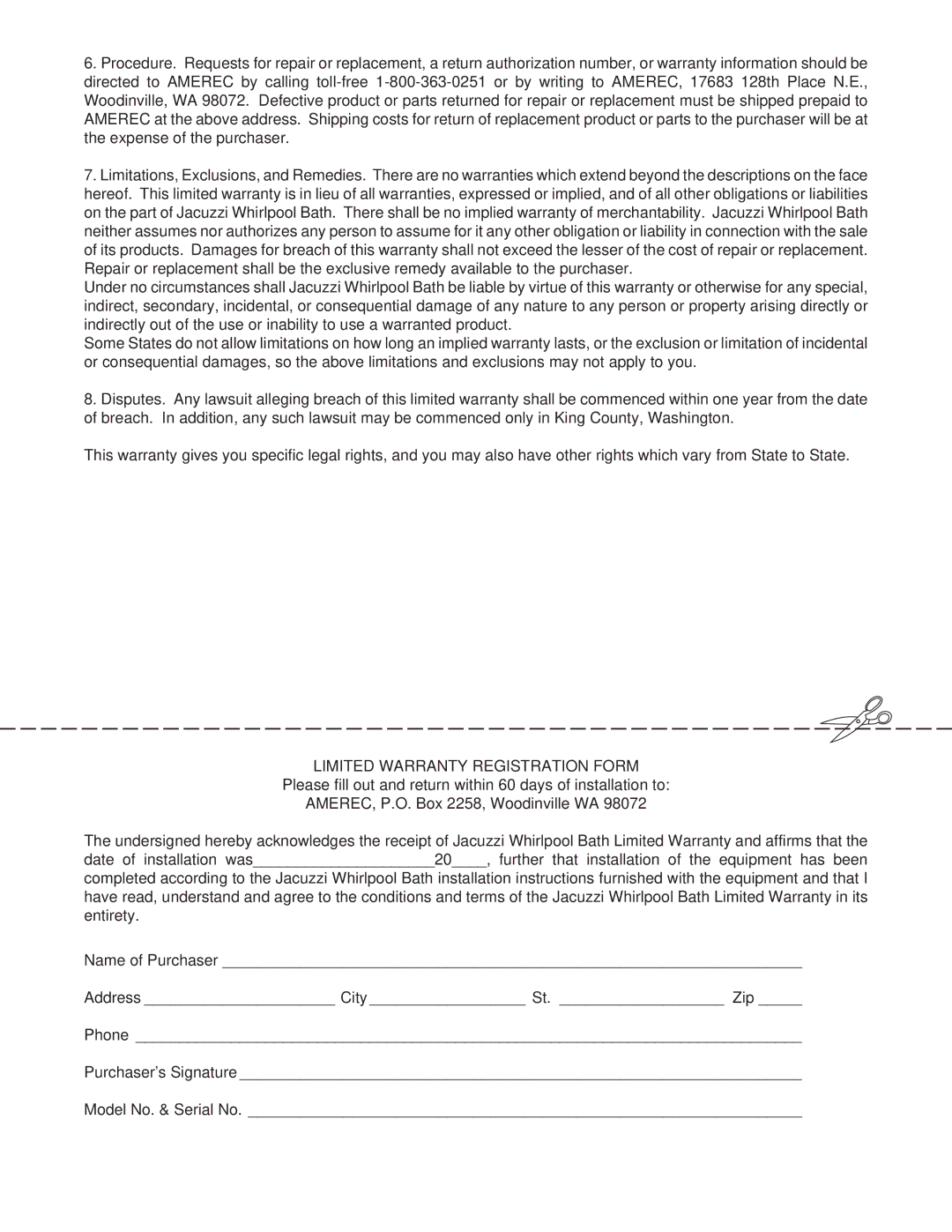 Jacuzzi SEDONA manual Limited Warranty Registration Form 