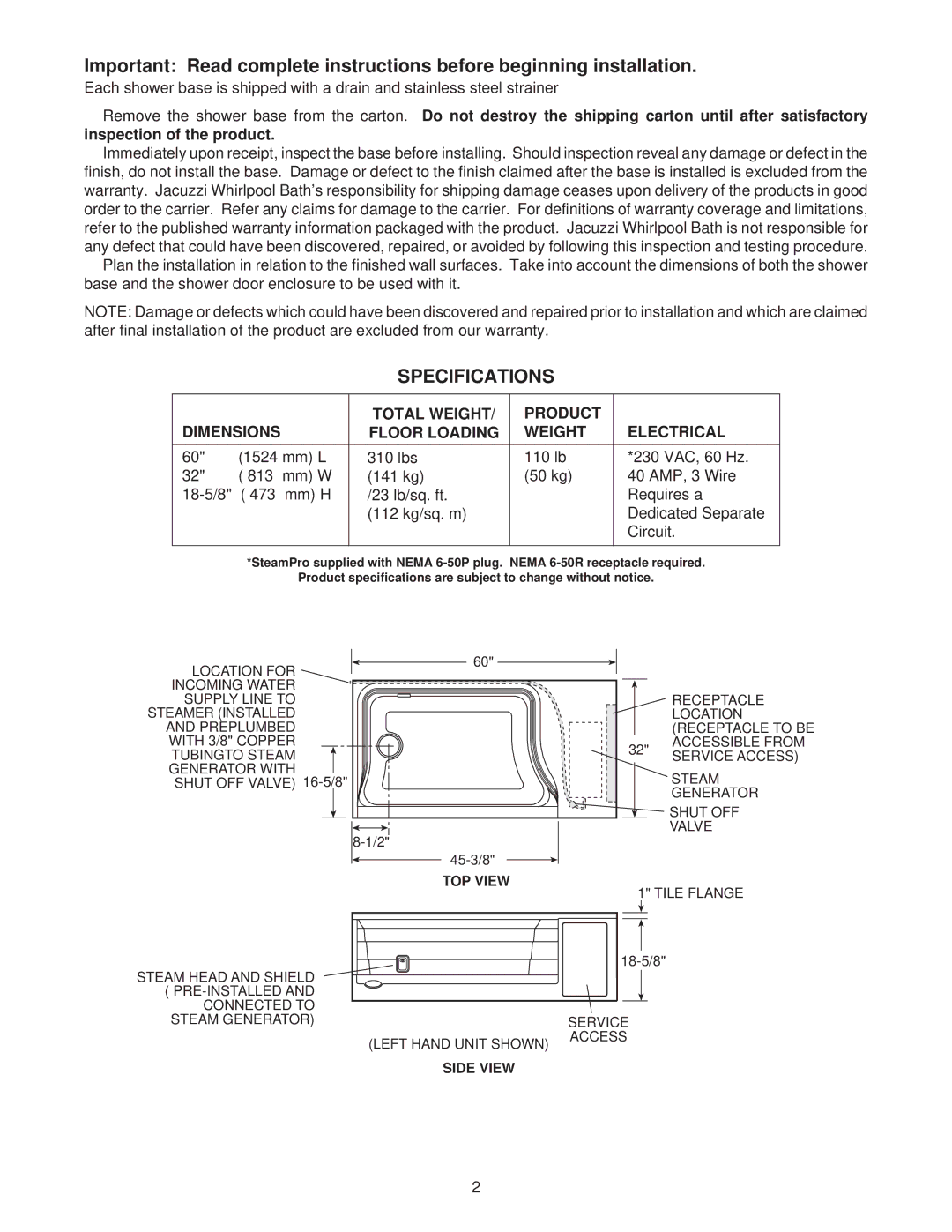 Jacuzzi SEDONA manual Specifications, Total Weight Product Dimensions Floor Loading Electrical 