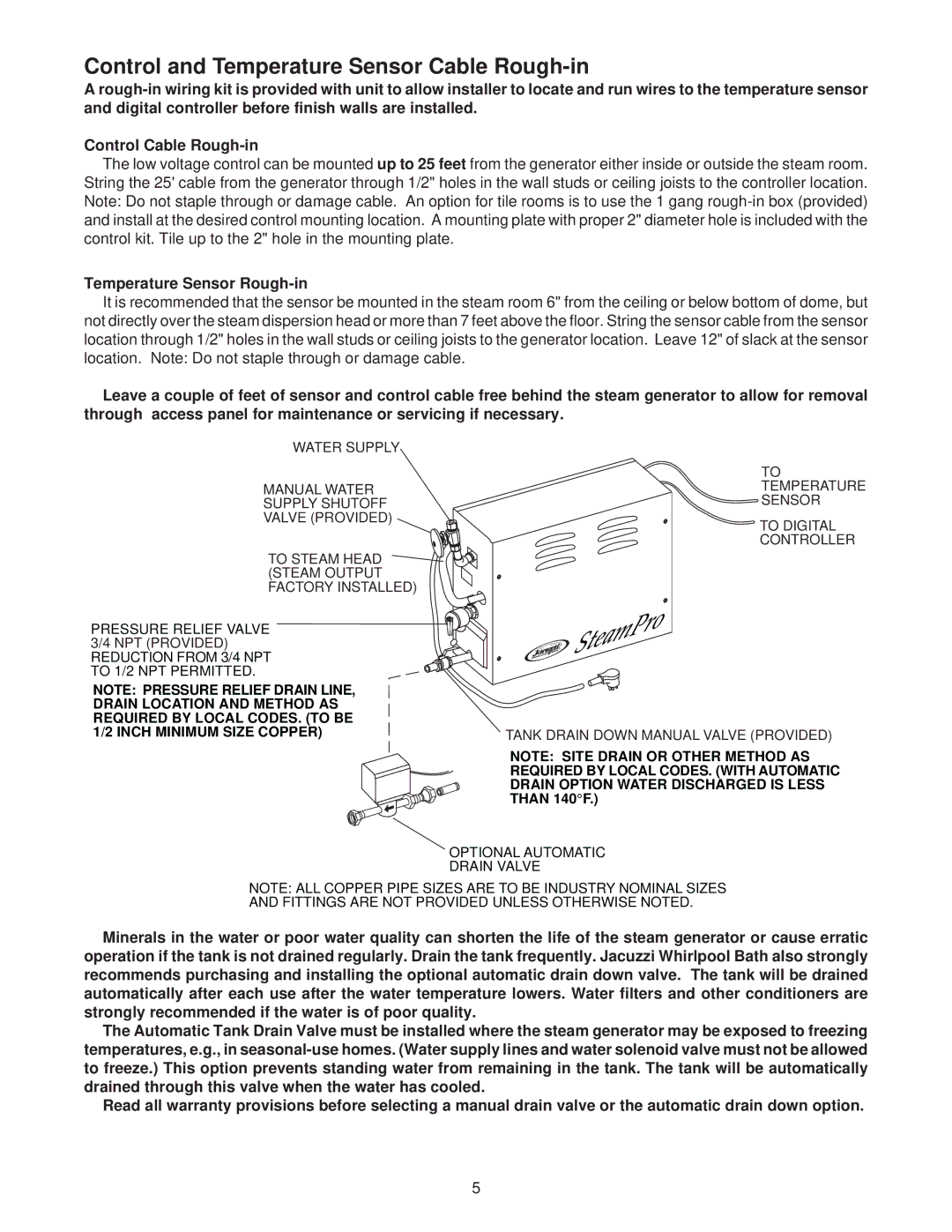 Jacuzzi SEDONA manual Control and Temperature Sensor Cable Rough-in, Temperature Sensor Rough-in 