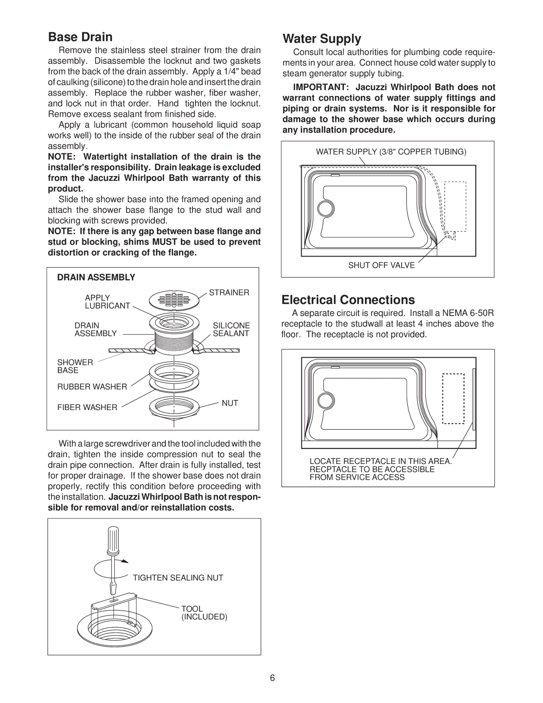 Jacuzzi SEDONA manual Base Drain, Water Supply, Electrical Connections, Drain Assembly 