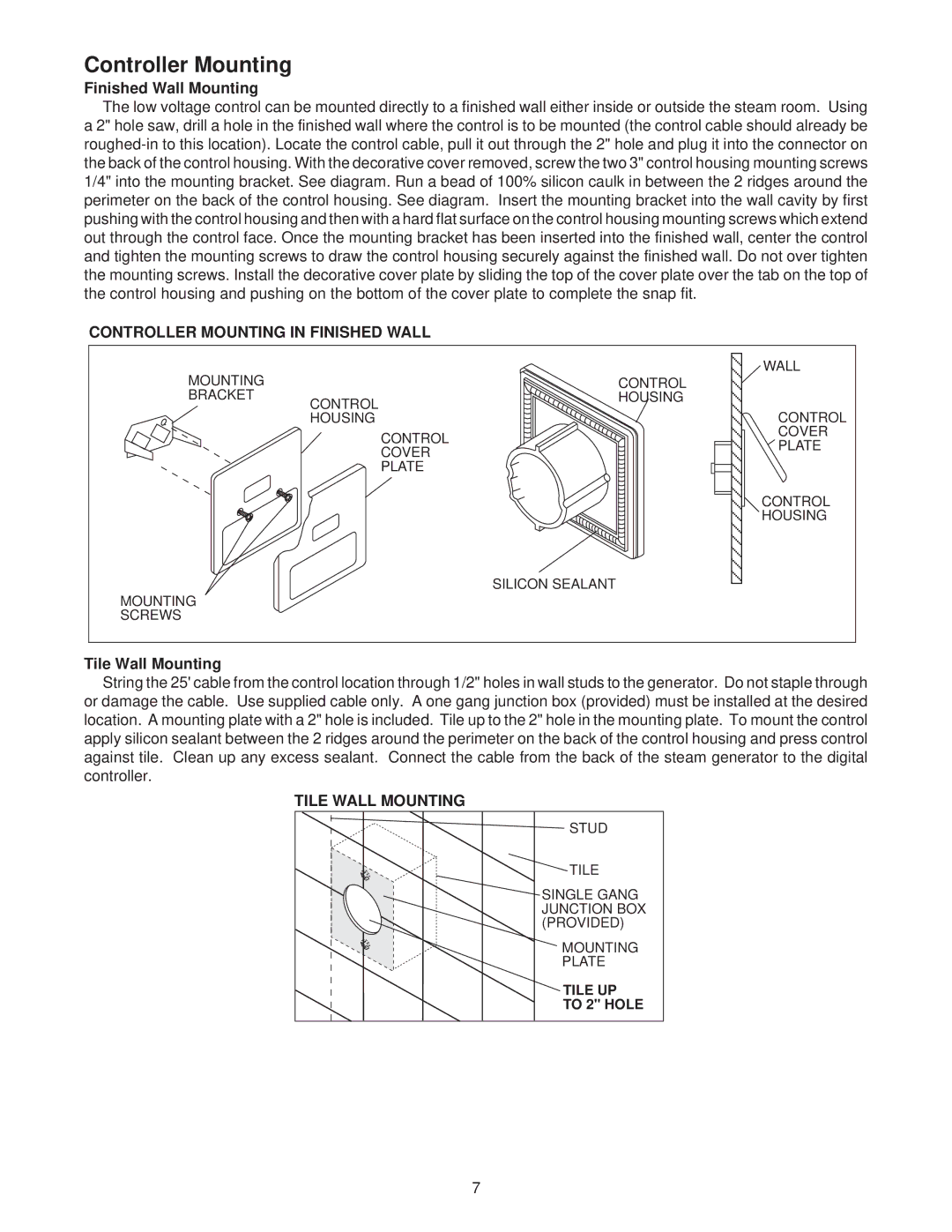 Jacuzzi SEDONA manual Finished Wall Mounting, Controller Mounting in Finished Wall, Tile Wall Mounting 