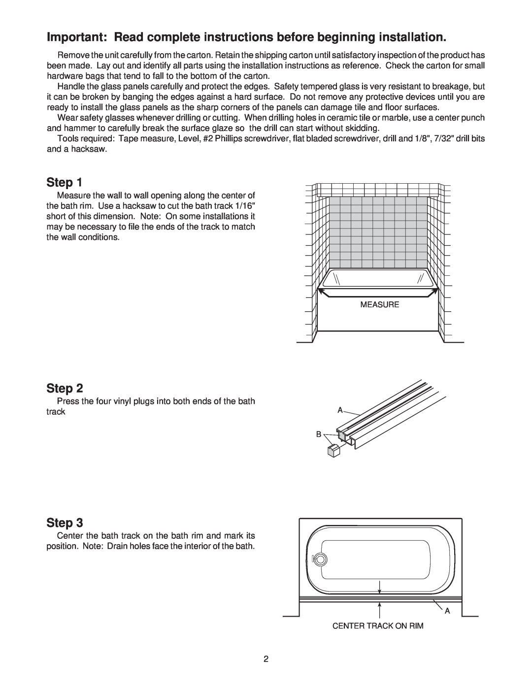 Jacuzzi Steam Enclosure installation instructions Important Read complete instructions before beginning installation, Step 