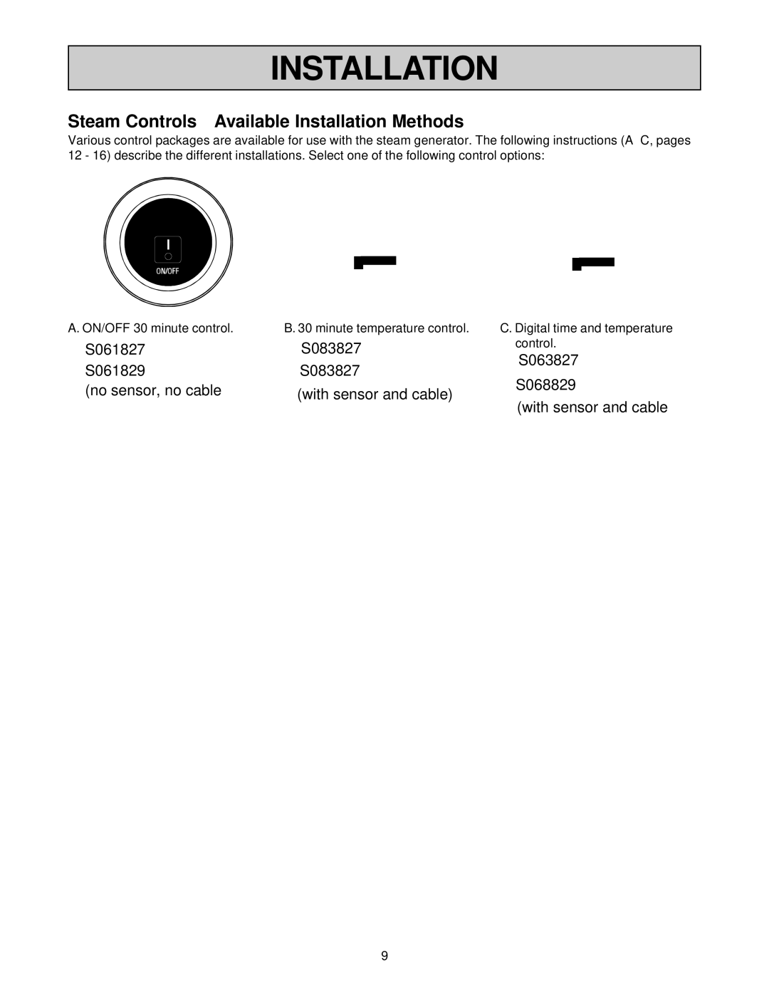 Jacuzzi SteamPro manual Steam Controls-Available Installation Methods 