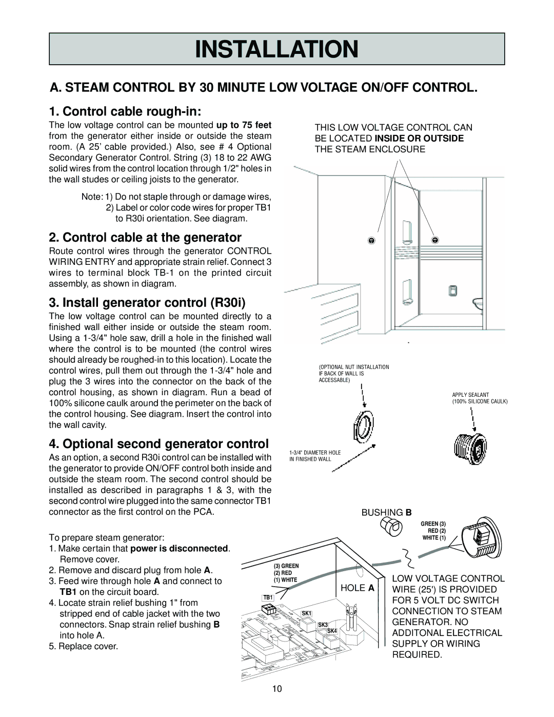 Jacuzzi SteamPro manual Steam Control by 30 Minute LOW Voltage ON/OFF Control, Control cable rough-in 