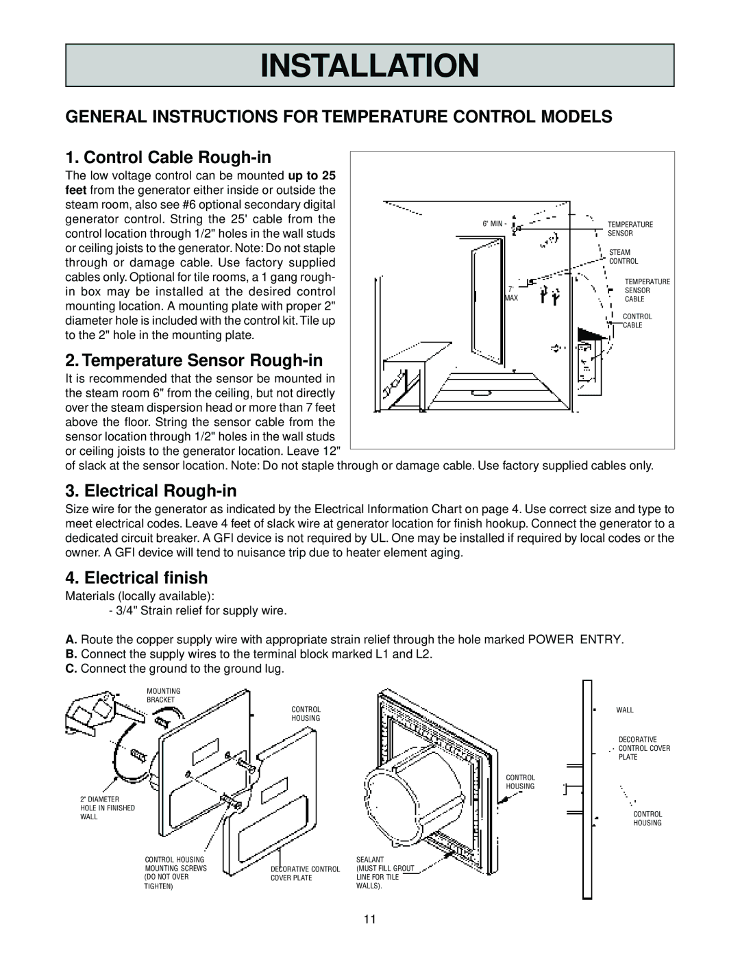 Jacuzzi SteamPro General Instructions for Temperature Control Models, Temperature Sensor Rough-in, Electrical Rough-in 