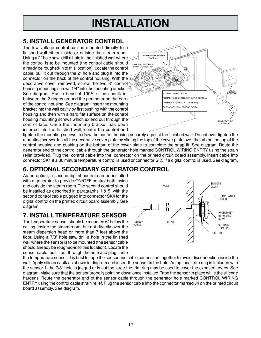 Jacuzzi SteamPro manual Install Generator Control, Optional Secondary Generator Control, Install Temperature Sensor 