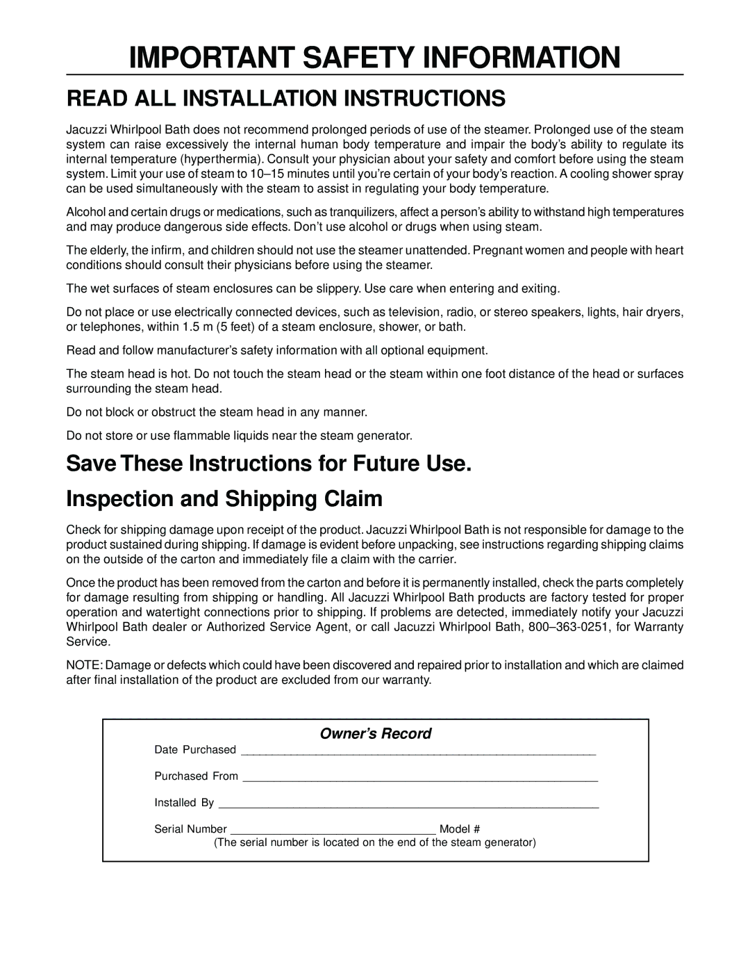 Jacuzzi SteamPro manual Important Safety Information 