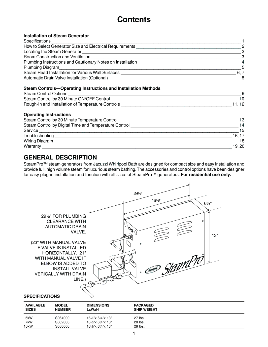 Jacuzzi SteamPro manual Contents 