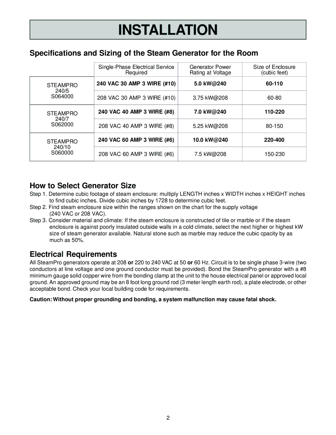 Jacuzzi SteamPro manual Installation, How to Select Generator Size, Electrical Requirements 