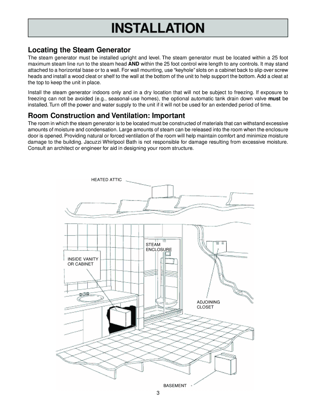 Jacuzzi SteamPro manual Locating the Steam Generator, Room Construction and Ventilation Important 