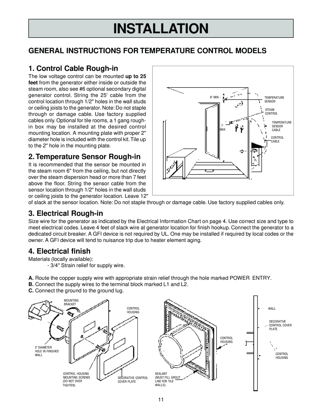 Jacuzzi SteamPro General Instructions For Temperature Control Models, Control Cable Rough-in, Temperature Sensor Rough-in 