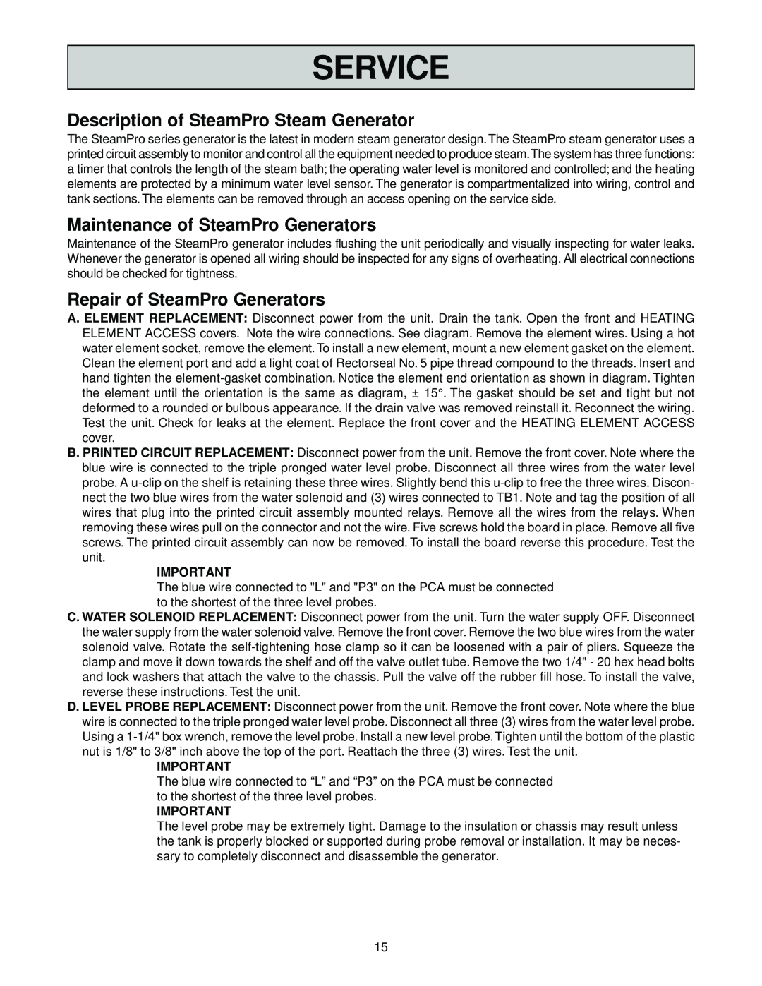 Jacuzzi manual Service, Description of SteamPro Steam Generator, Maintenance of SteamPro Generators 