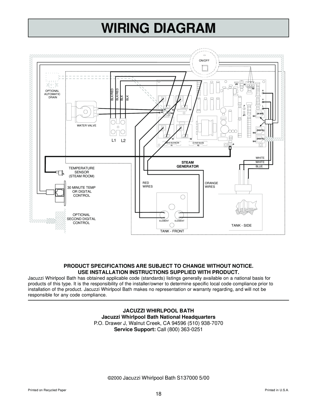 Jacuzzi SteamPro manual Wiring Diagram, Product Specifications Are Subject To Change Without Notice 