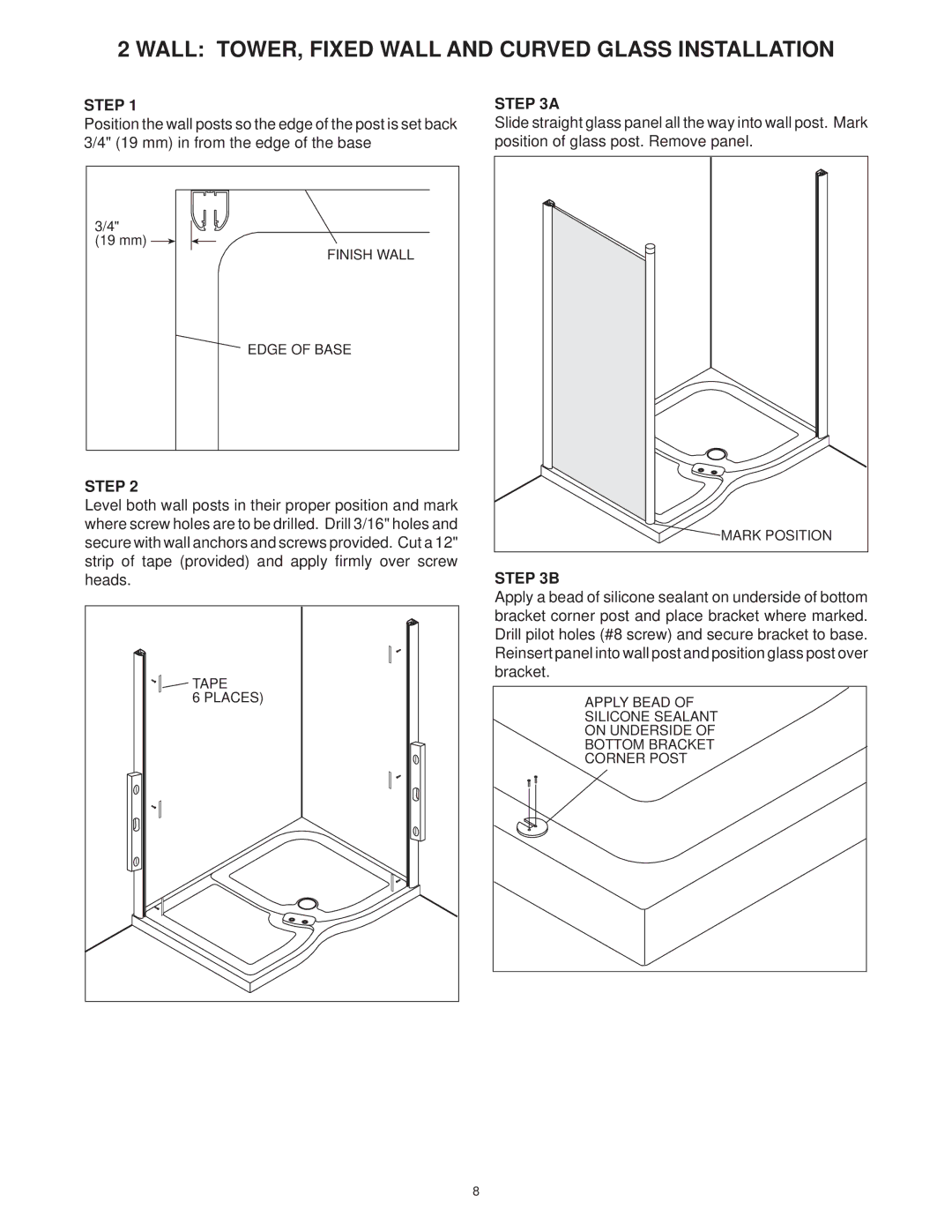 Jacuzzi SUMMER RAINTM 2 WALL & 3 WALL WALK-IN SHOWER SYSTEMS manual Wall TOWER, Fixed Wall and Curved Glass Installation 