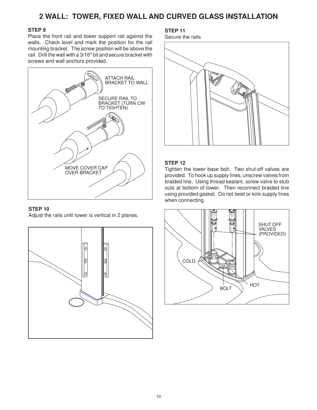 Jacuzzi SUMMER RAINTM 2 WALL & 3 WALL WALK-IN SHOWER SYSTEMS manual Adjust the rails until tower is vertical in 2 planes 