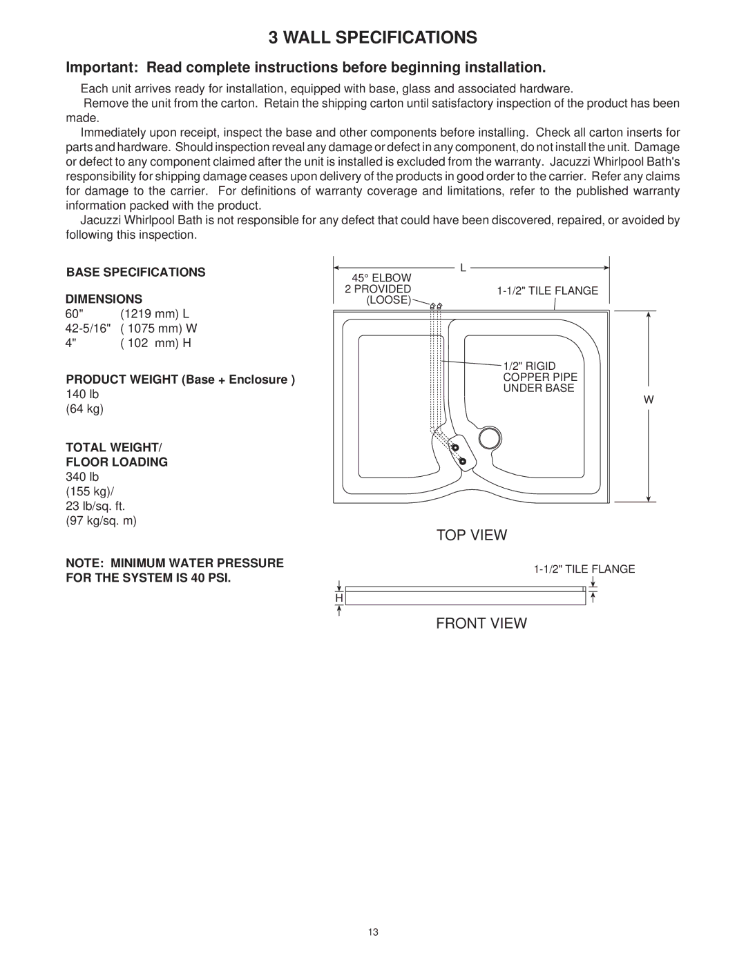 Jacuzzi SUMMER RAINTM 2 WALL & 3 WALL WALK-IN SHOWER SYSTEMS manual 140 lb 64 kg 