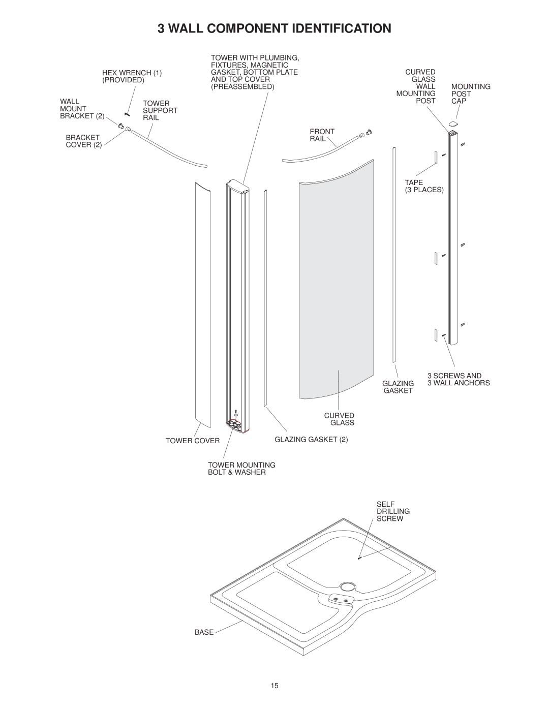 Jacuzzi SUMMER RAINTM 2 WALL & 3 WALL WALK-IN SHOWER SYSTEMS manual Wall Component Identification 