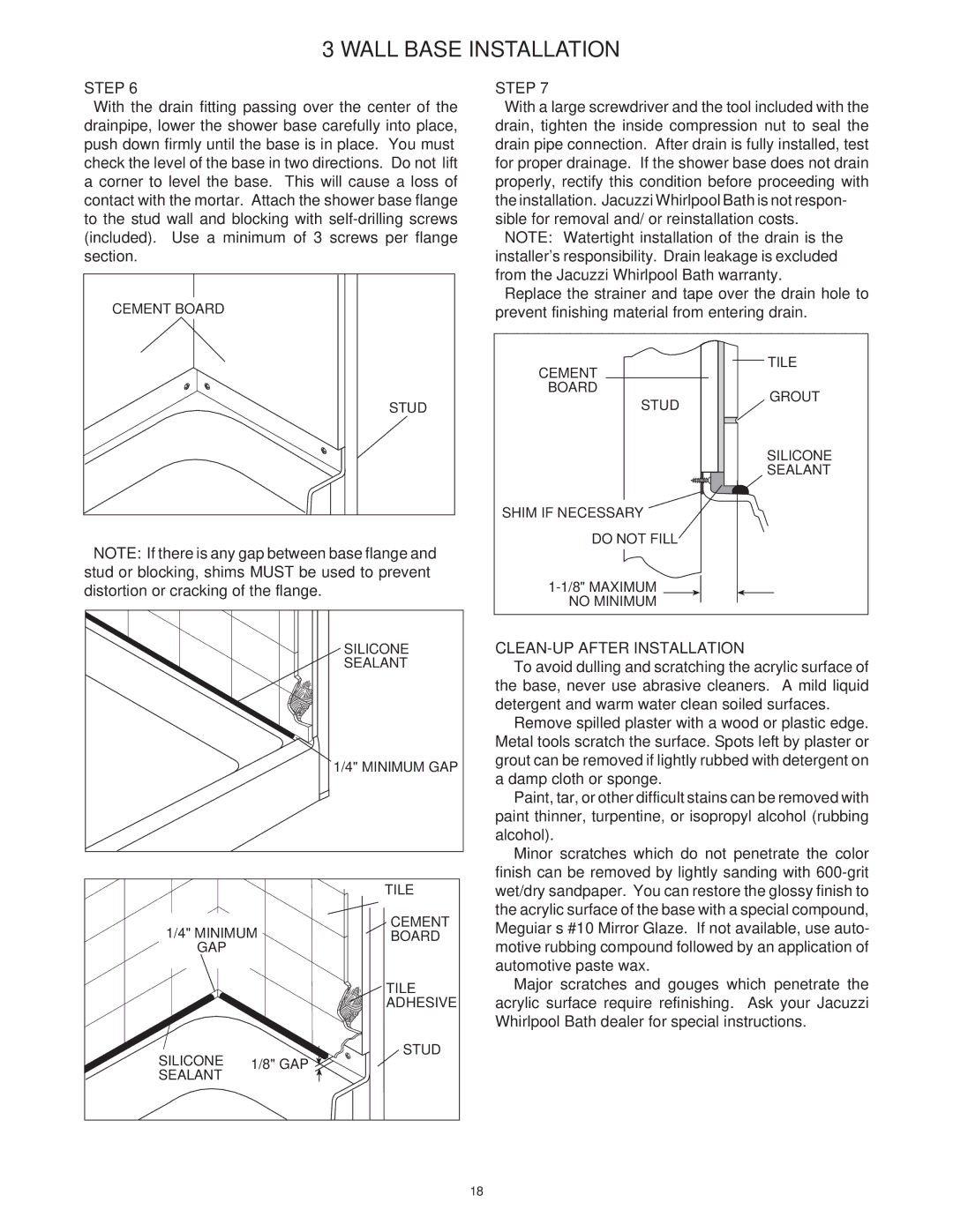 Jacuzzi SUMMER RAINTM 2 WALL & 3 WALL WALK-IN SHOWER SYSTEMS manual Cement Board Stud Silicone Sealant Minimum GAP 