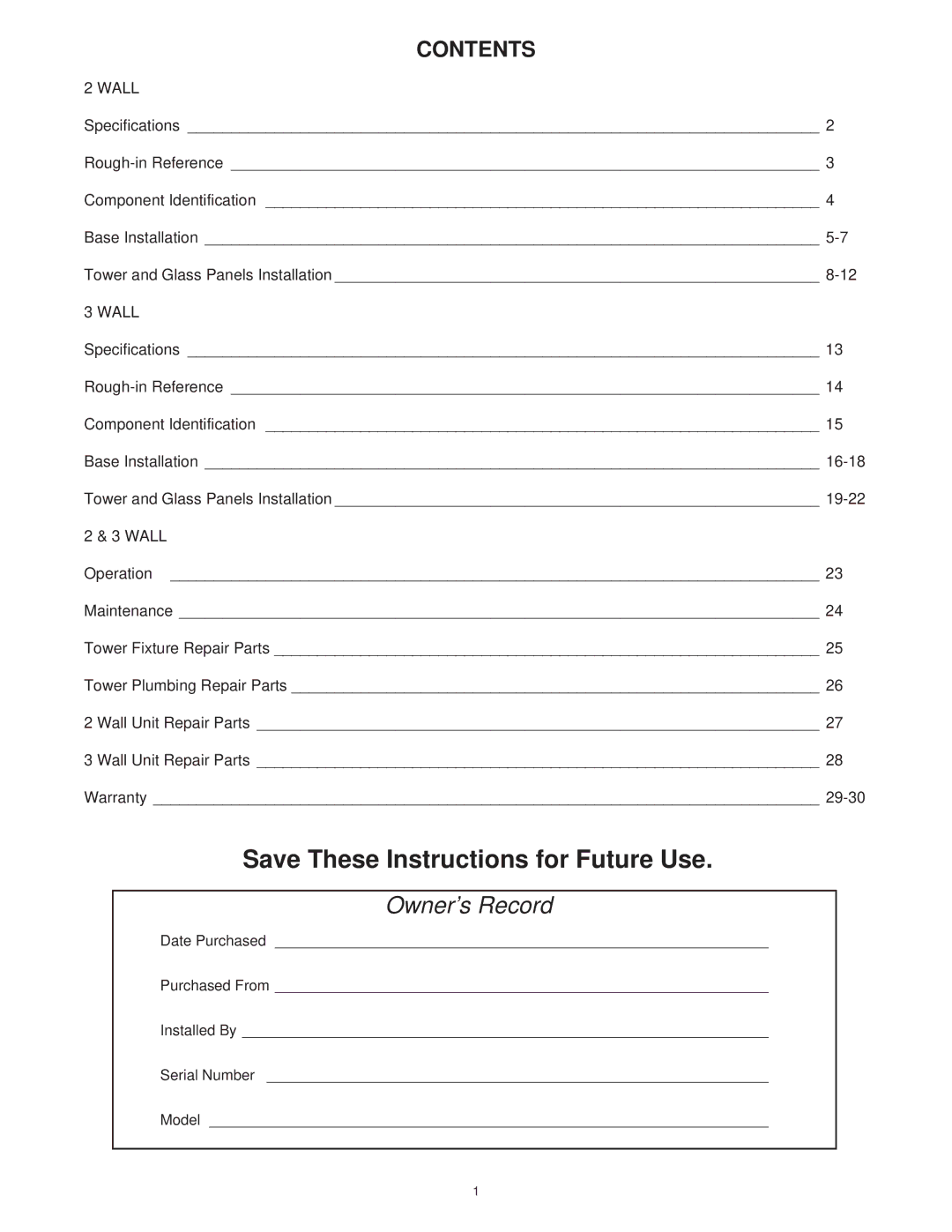 Jacuzzi SUMMER RAINTM 2 WALL & 3 WALL WALK-IN SHOWER SYSTEMS manual Save These Instructions for Future Use, Contents 