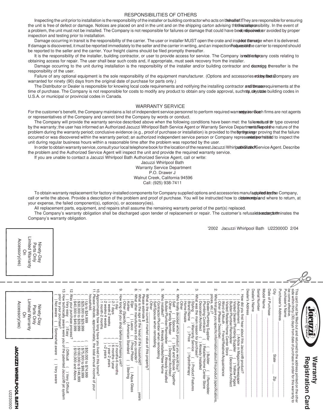 Jacuzzi SUMMER RAINTM 2 WALL & 3 WALL WALK-IN SHOWER SYSTEMS manual Responsibilities of Others 