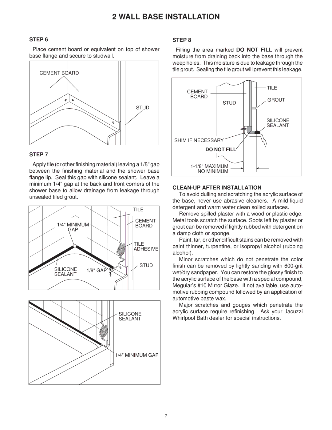 Jacuzzi SUMMER RAINTM 2 WALL & 3 WALL WALK-IN SHOWER SYSTEMS manual CLEAN-UP After Installation 