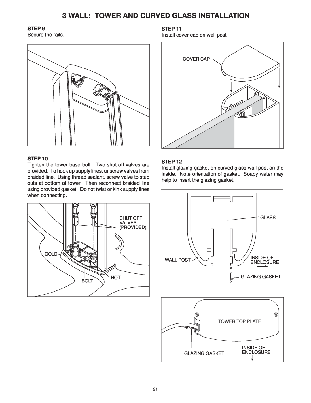 Jacuzzi SUMMER RAINTM 2 WALL & 3 WALL WALK-IN SHOWER SYSTEMS manual Secure the rails, Install cover cap on wall post, Step 