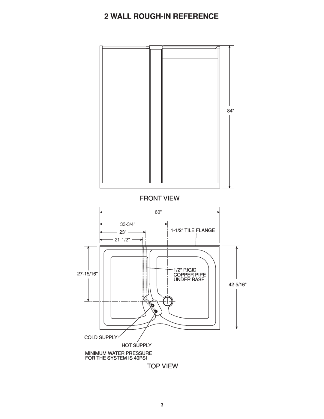 Jacuzzi SUMMER RAINTM 2 WALL & 3 WALL WALK-IN SHOWER SYSTEMS Wall Rough-In Reference, Front View, Top View, 33-3/4, 21-1/2 