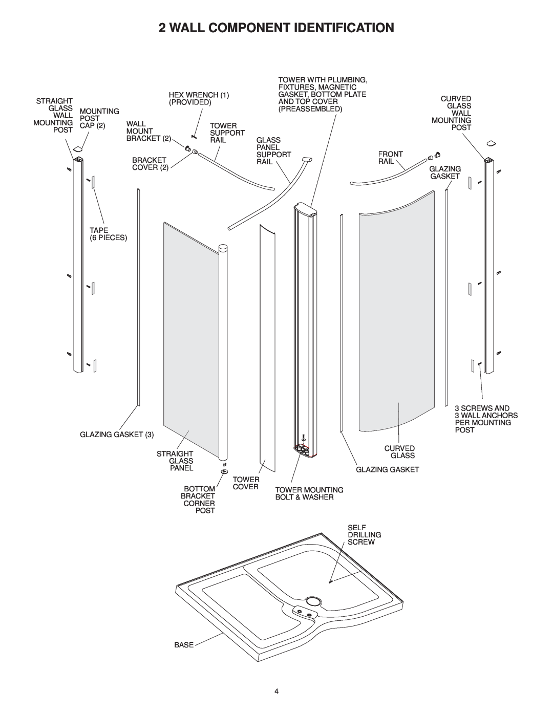 Jacuzzi SUMMER RAINTM 2 WALL & 3 WALL WALK-IN SHOWER SYSTEMS manual Wall Component Identification 