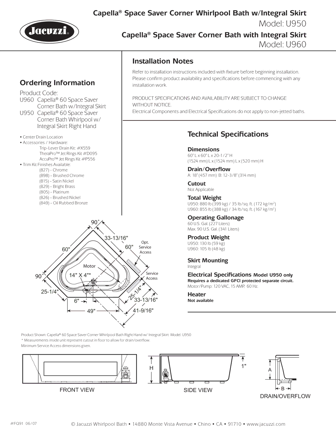 Jacuzzi dimensions Model U950, Model U960, Capella Space Saver Corner Bath with Integral Skirt, Installation Notes 