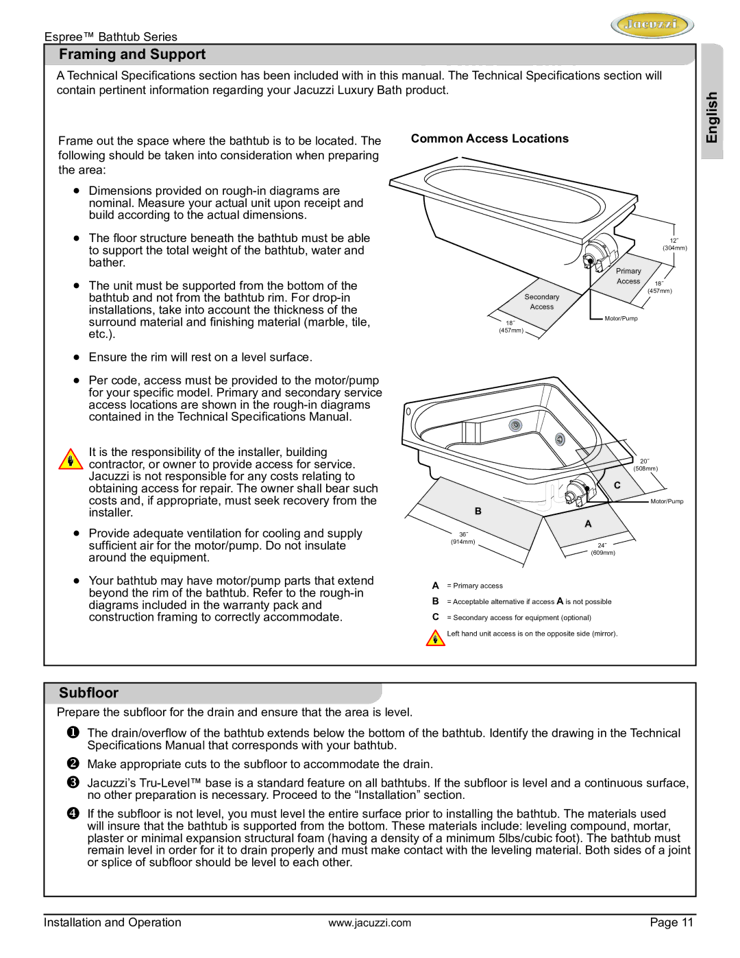 Jacuzzi U961000 manual Framing and Support, Subfloor 