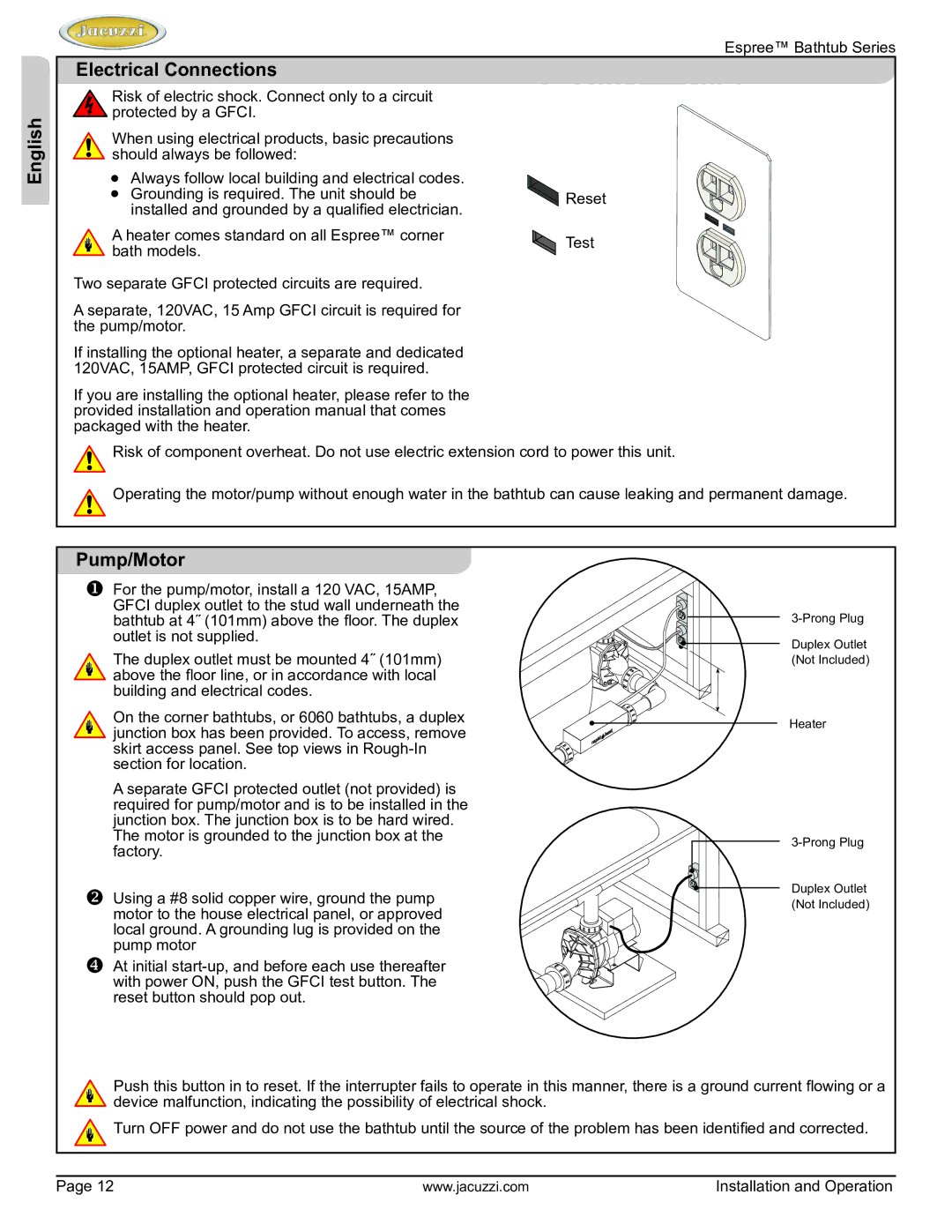 Jacuzzi U961000 manual Electrical Connections English, Pump/Motor 