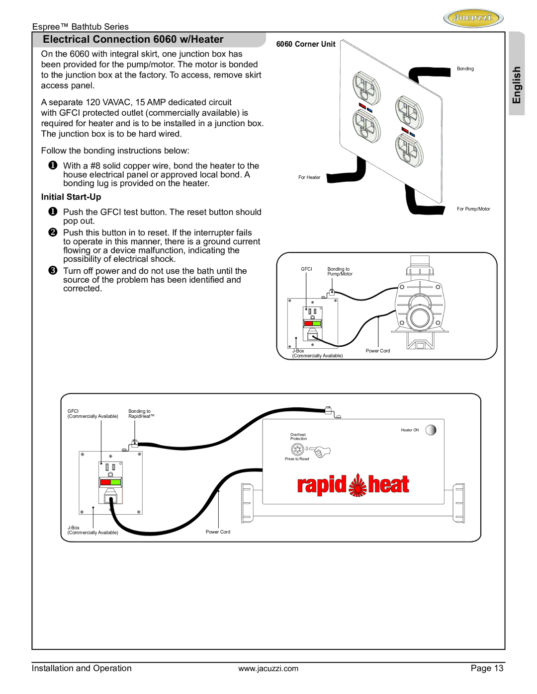 Jacuzzi U961000 manual Electrical Connection 6060 w/Heater, Initial Start-Up 