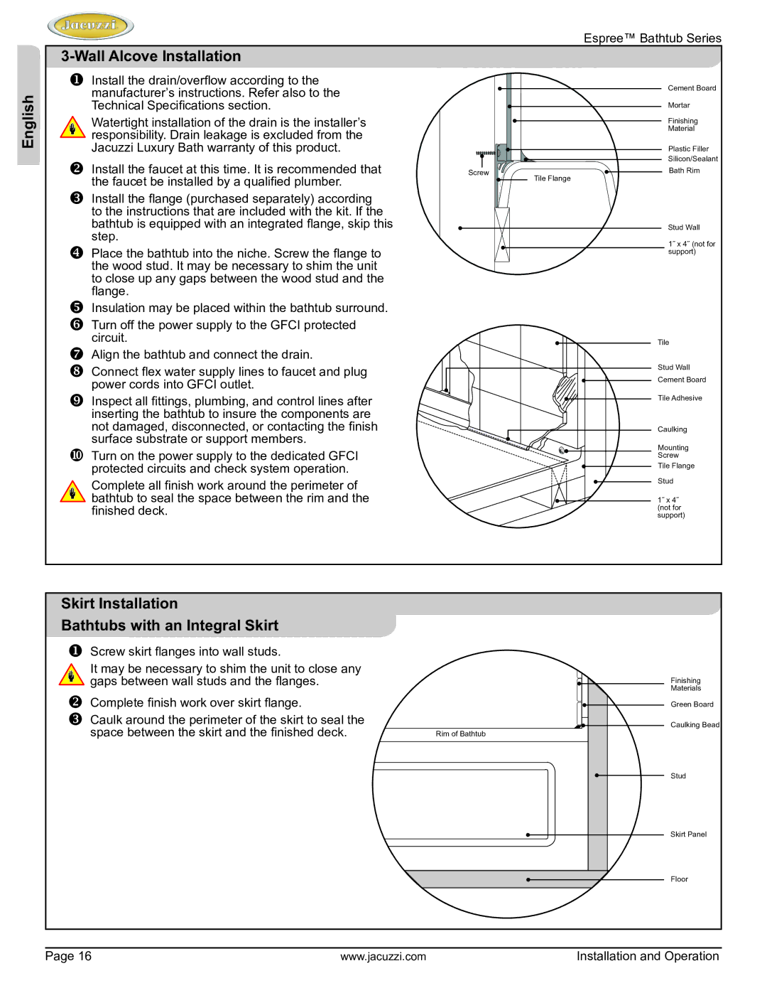 Jacuzzi U961000 manual Wall Alcove Installation English, Skirt Installation Bathtubs with an Integral Skirt 