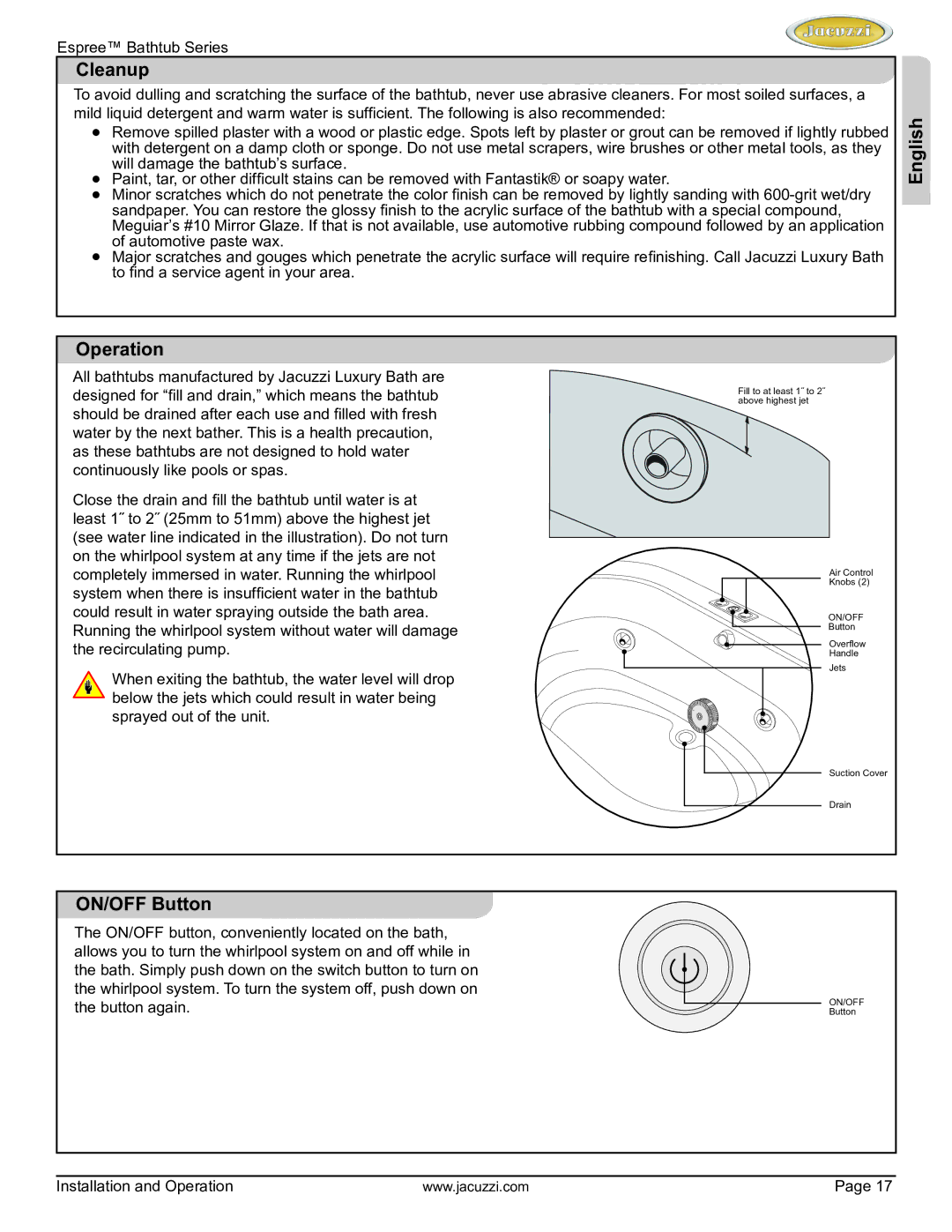 Jacuzzi U961000 manual Cleanup, English Operation, ON/OFF Button 