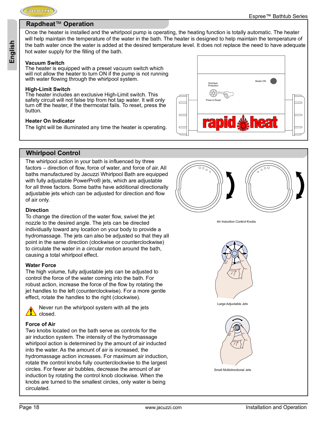 Jacuzzi U961000 manual Rapdheat Operation, Whirlpool Control 