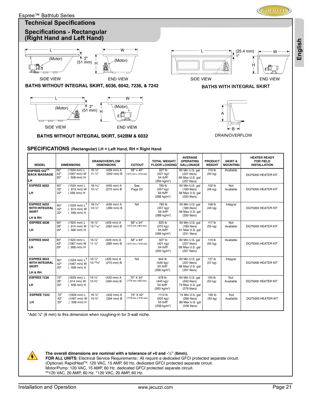 Jacuzzi U961000 manual Baths Without Integral SKIRT, 542BM 