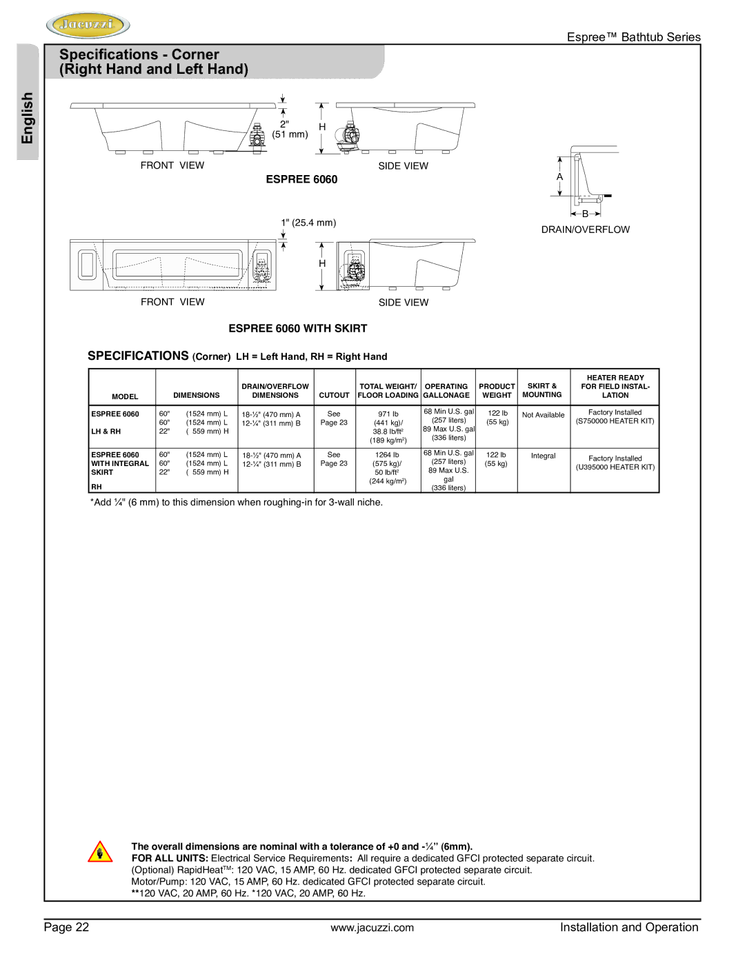 Jacuzzi U961000 manual Specifications Corner Right Hand and Left Hand 